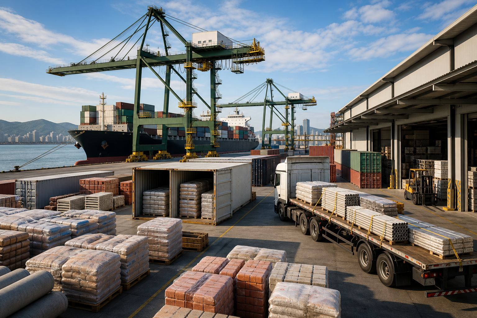 Opera&ccedil;&atilde;o portu&aacute;ria com materiais de constru&ccedil;&atilde;o e cont&ecirc;ineres